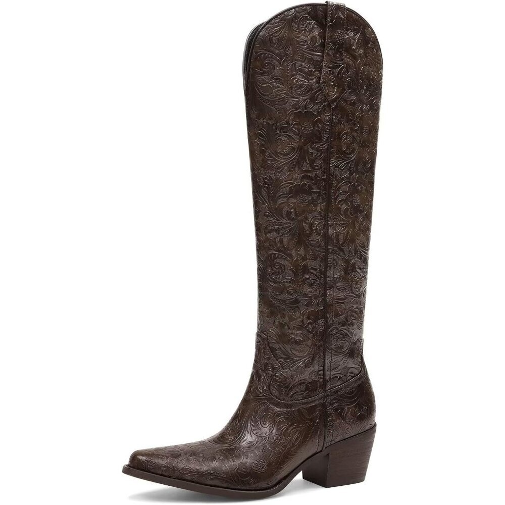 Women Brown Boots Embossed Knee High Western Boots Pointed Toe Comfortable